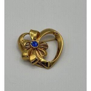 Vintage Avon Gold Tone Heart Bow Brooch Pin with September Blue Rhinestone